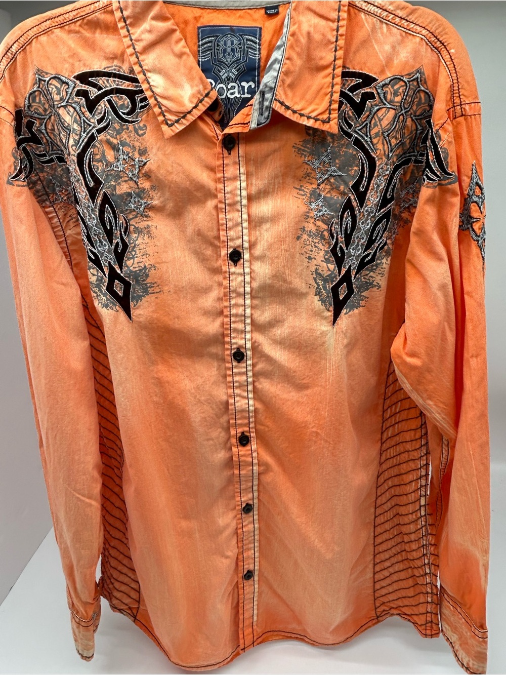 Vintage Y2K Roar Men’s Orange Cream Embroidered Button-Up Shirt XL